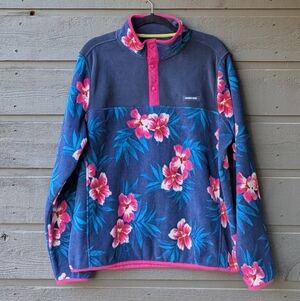 NWOT Lands' End Blue Pink Hibiscus Floral Snap Pullover Women's Large